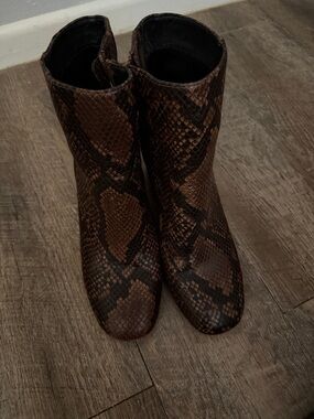 a new day Brown Snake-Print Ankle Booties. Round Toe. No scuffs  3” block heel